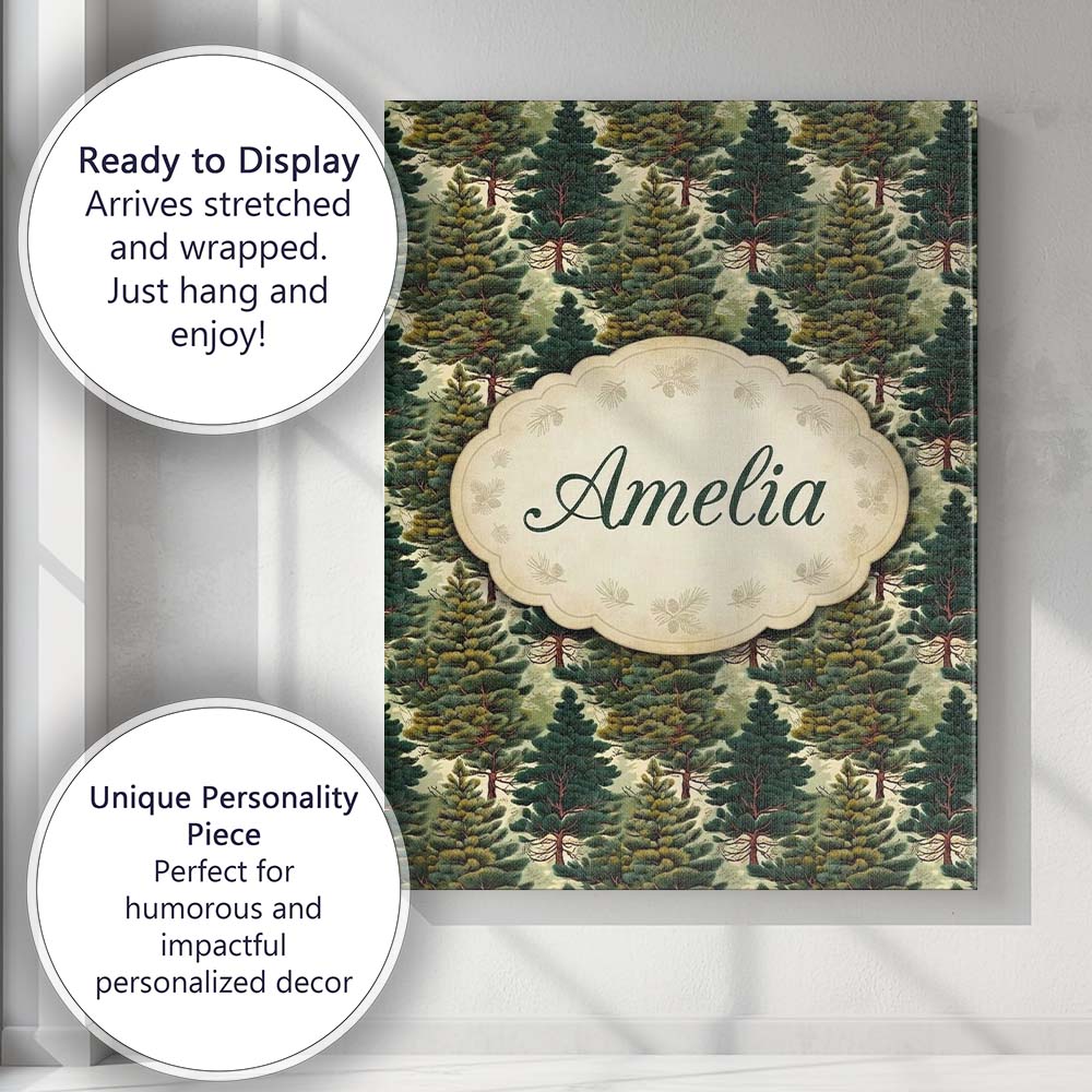 Personalised Name Lush Evergreen Pine Trees Custom  Bespoke Interior Contemporary Canvas Wall Art Print Decor Picture Ready to Hang