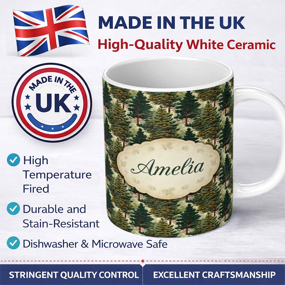 Personalized Custom Name Lush Evergreen Pine Trees Forest Seamless Pattern Name Cute Unique 11oz Ceramic Coffee Tea Mug White Large Handle