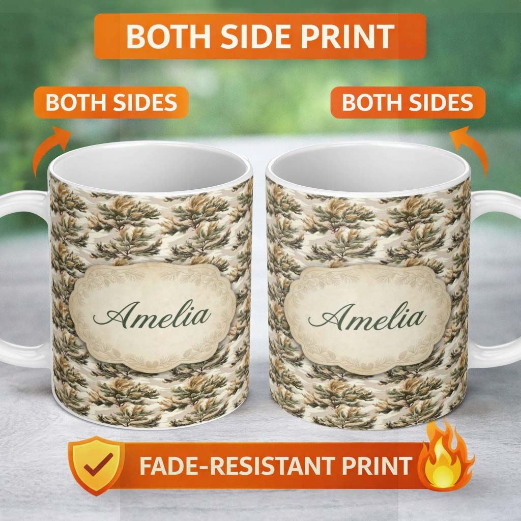 Personalized Custom Name Soft Neutral Pine Branches Botanical Seamless Pattern Name Cute 11oz Ceramic Coffee Tea Mug White Large Handle