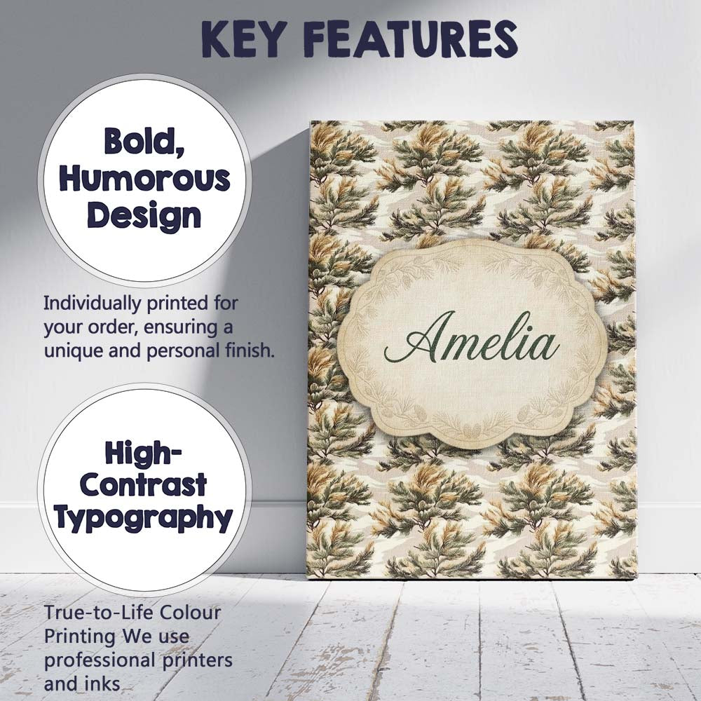 Personalised Name Soft Neutral Pine Branches Custom Bespoke  Contemporary Display Canvas Wall Art Print Decor Picture Ready to Hang