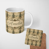 Personalized Custom Name Minimalist Tall Pine Tree Rustic Seamless Pattern Name Cute Unique 11oz Ceramic Coffee Tea Mug White Large Handle