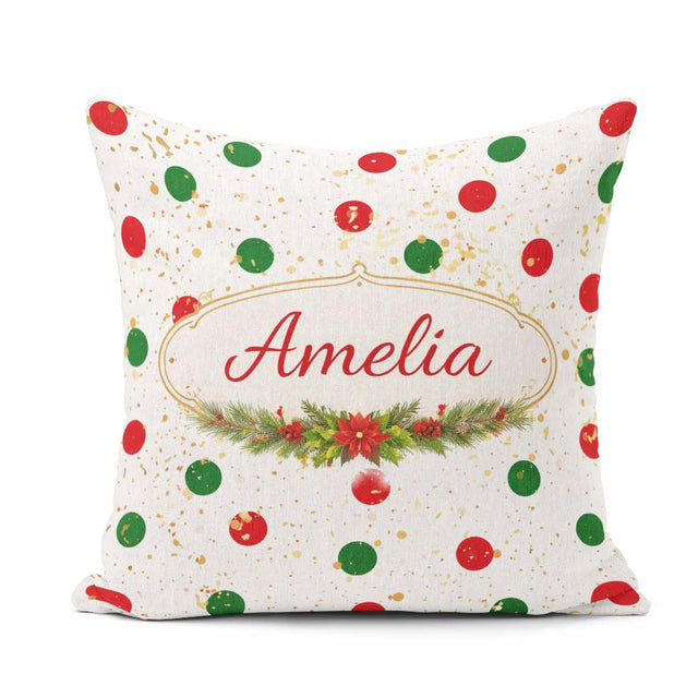 Custom Name Red and Green Polka Dots with Gold Splatter Seamless Square Filled Cushion Throw Pillow Sofa Bed Home Decor Zip Washable UK Made