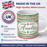 Personalized Custom Name Watercolor Red Green Horizontal Stripe Christmas Seamless Pattern 11oz Ceramic Coffee Tea Mug White Large Handle