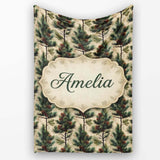 Watercolor Pine Woodland Nature Seamless Pattern Name Cute Unique  Personalised Custom Name Super Soft Fleece Blanket Bed Sofa Throw