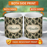 Personalized Custom Name Watercolor Pine Woodland Nature Seamless Pattern Name Cute Unique 11oz Ceramic Coffee Tea Mug White Large Handle