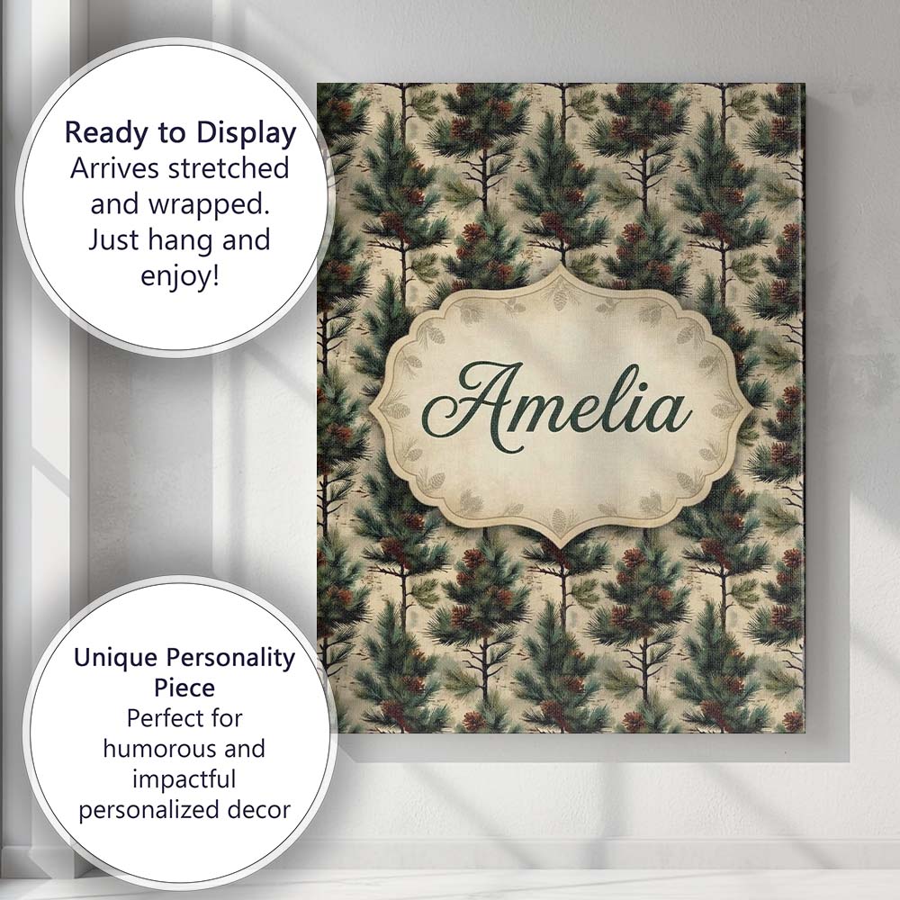 Personalised Name Watercolor Pine Woodland Custom  Unique Gift Idea Elegant Feature Canvas Wall Art Print Decor Picture Ready to Hang