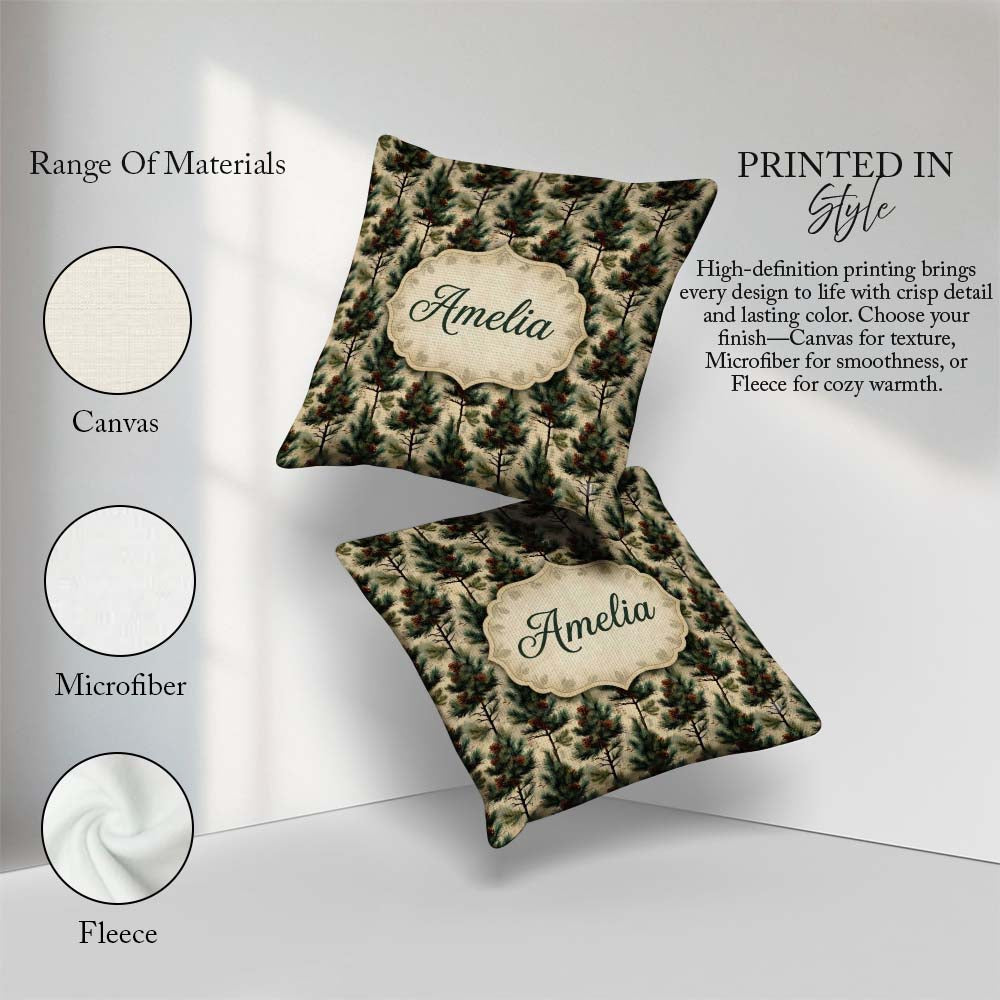 Custom Name Watercolor Pine Woodland Seamless Pattern Name Cute Square Filled Cushion Throw Pillow Sofa Bed Home Decor Zip Washable UK Made