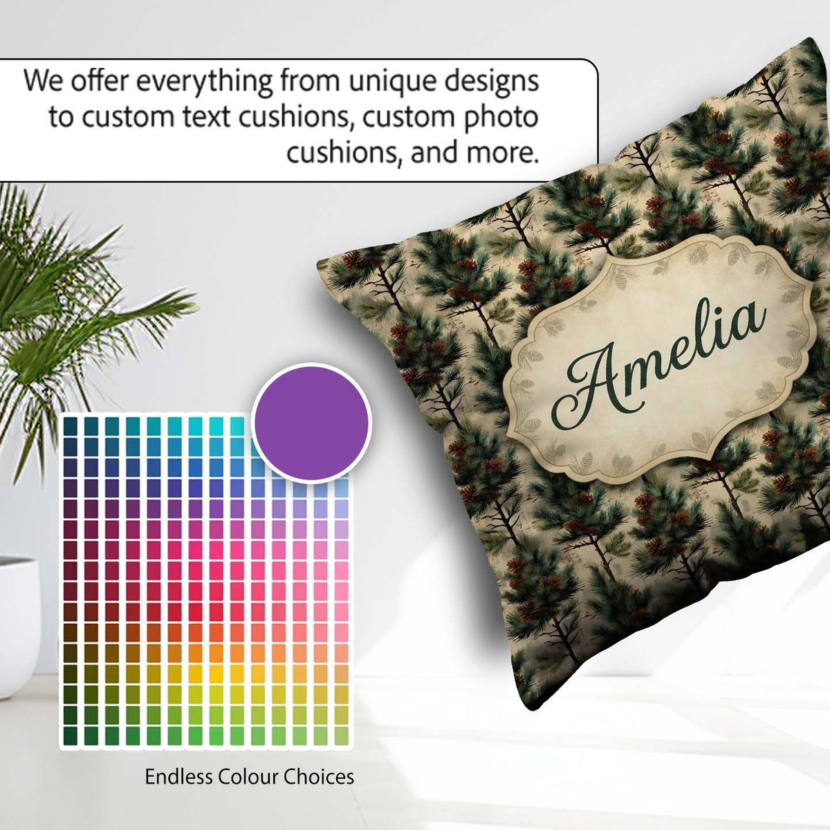 Custom Name Watercolor Pine Woodland Seamless Pattern Name Cute Square Filled Cushion Throw Pillow Sofa Bed Home Decor Zip Washable UK Made
