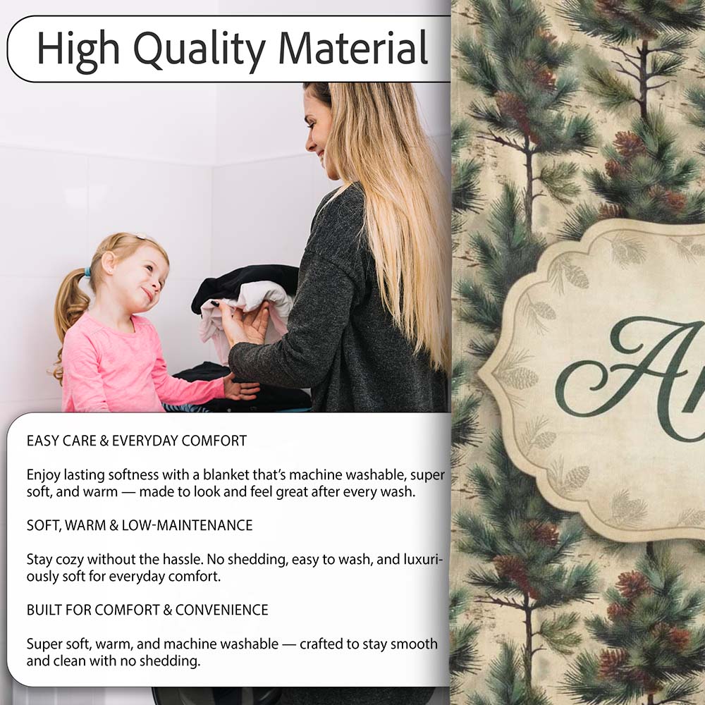 Watercolor Pine Woodland Nature Seamless Pattern Name Cute Unique  Personalised Custom Name Super Soft Fleece Blanket Bed Sofa Throw