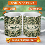 Personalized Custom Name Pine Branches with Cones Vintage Botanical Seamless Pattern Name 11oz Ceramic Coffee Tea Mug White Large Handle