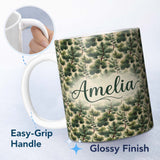 Personalized Custom Name Pine Branches with Cones Vintage Botanical Seamless Pattern Name 11oz Ceramic Coffee Tea Mug White Large Handle