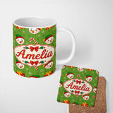 Personalized Custom Name Cute Snowman Candy Cane Gift Box Green Stripe Seamless Pattern 11oz Ceramic Coffee Tea Mug White Large Handle