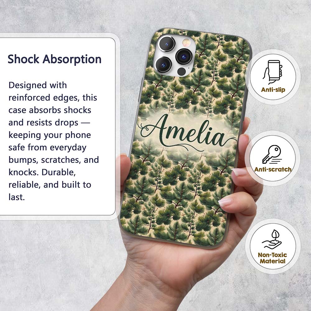 Pine Branches with Cones Vintage Printed Design Custom Name Protective Phone Case Mobile Cover Durable Everyday Smartphone Shock Resistant