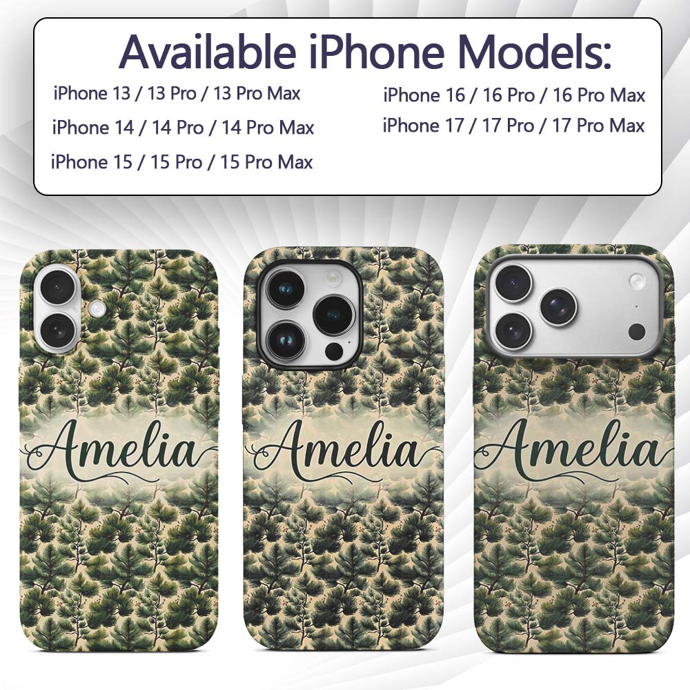 Pine Branches with Cones Vintage Printed Design Custom Name Protective Phone Case Mobile Cover Durable Everyday Smartphone Shock Resistant