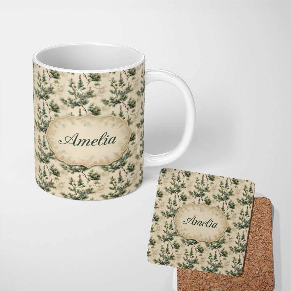 Personalized Custom Name Elegant Pine Leaves Nature Repeat Seamless Pattern Name Cute Unique 11oz Ceramic Coffee Tea Mug White Large Handle