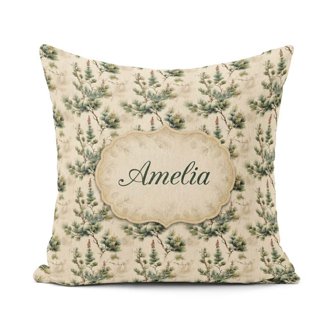 Custom Name Elegant Pine Leaves Nature Repeat Seamless Name Cute Square Filled Cushion Throw Pillow Sofa Bed Home Decor Zip Washable UK Made