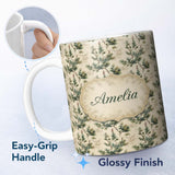 Personalized Custom Name Elegant Pine Leaves Nature Repeat Seamless Pattern Name Cute Unique 11oz Ceramic Coffee Tea Mug White Large Handle
