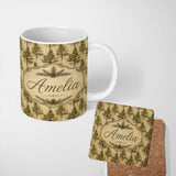 Personalized Custom Name Classic Pine Tree Forest Vintage Style Seamless Pattern Name Cute 11oz Ceramic Coffee Tea Mug White Large Handle