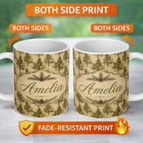 Personalized Custom Name Classic Pine Tree Forest Vintage Style Seamless Pattern Name Cute 11oz Ceramic Coffee Tea Mug White Large Handle