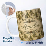 Personalized Custom Name Classic Pine Tree Forest Vintage Style Seamless Pattern Name Cute 11oz Ceramic Coffee Tea Mug White Large Handle