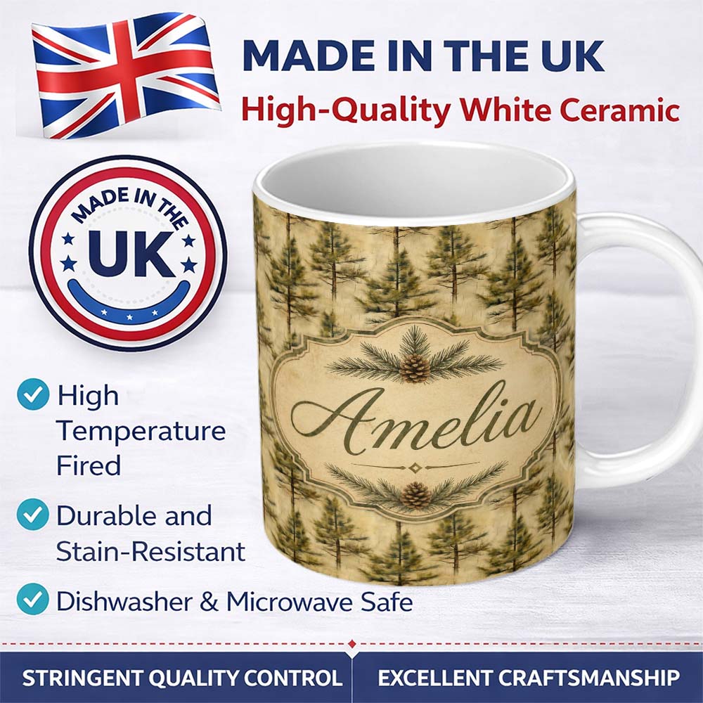 Personalized Custom Name Classic Pine Tree Forest Vintage Style Seamless Pattern Name Cute 11oz Ceramic Coffee Tea Mug White Large Handle