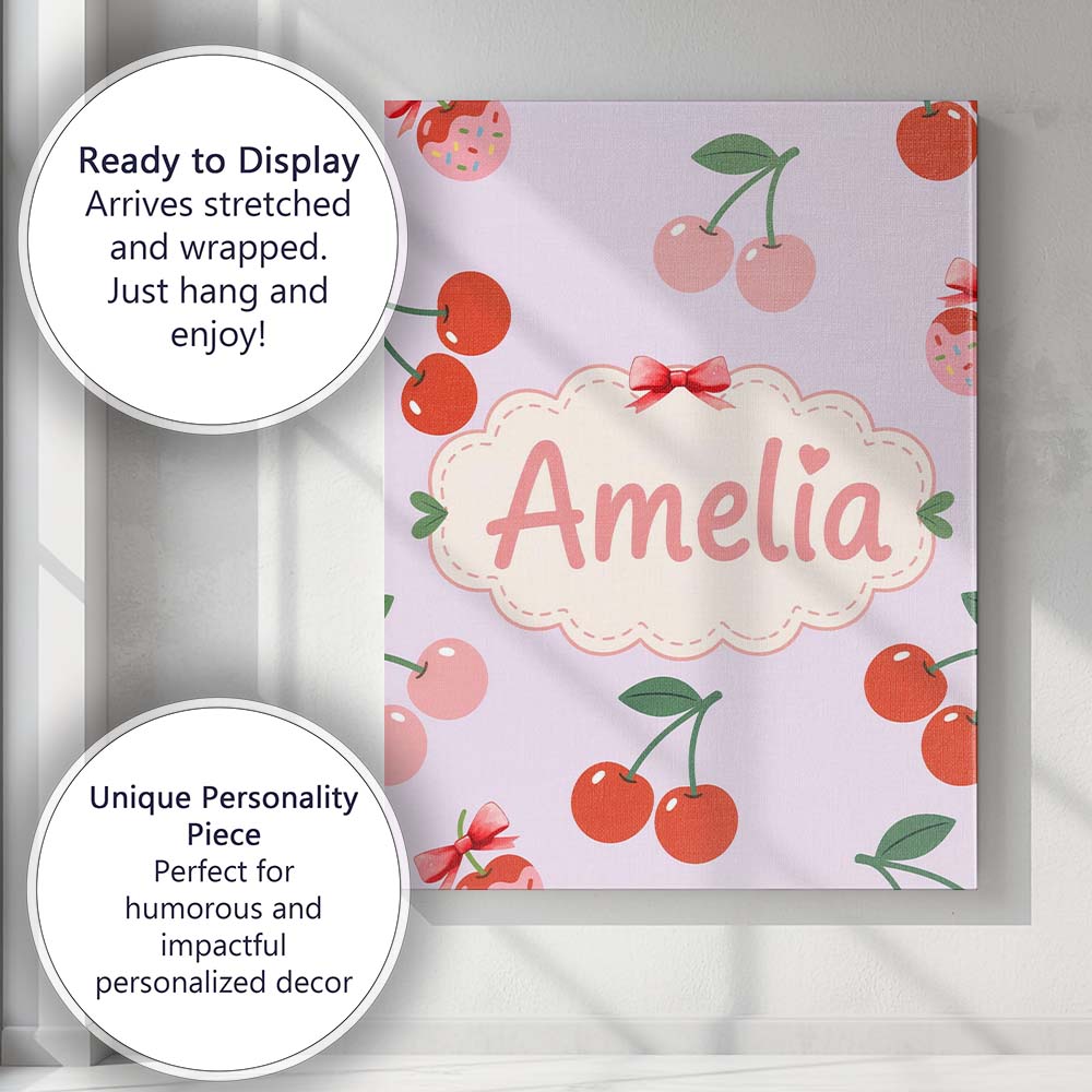 Personalised Name Cherry Fruit Muted Sage Background Minimal Seamless Custom Home Unique Canvas Wall Art Print Decor Picture Ready to Hang