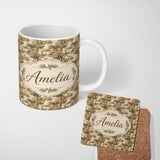 Personalized Custom Name Elegant Bonsai Pine Tree Botanical Seamless Pattern Name Cute 11oz Ceramic Coffee Tea Mug White Large Handle