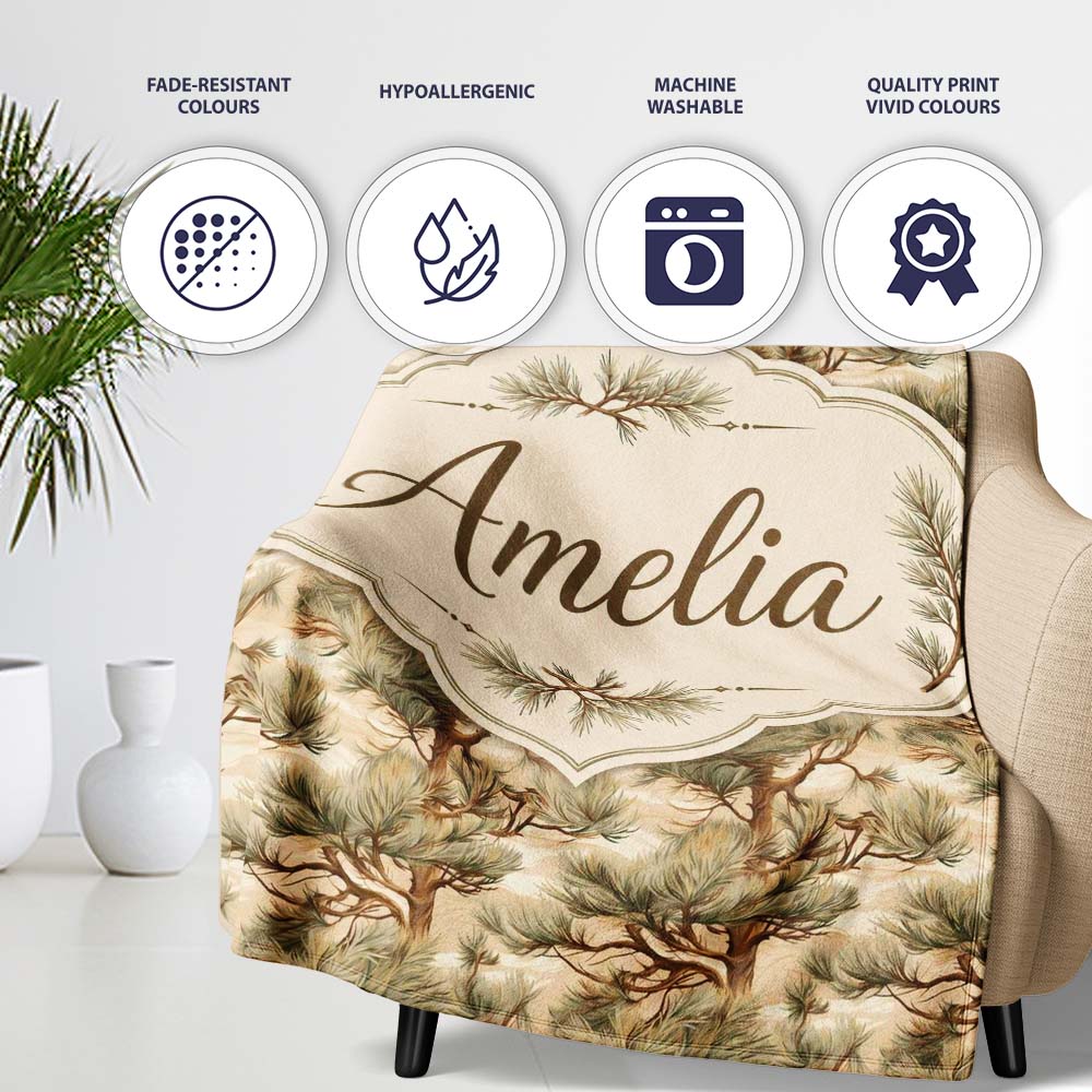 Elegant Bonsai Pine Tree Botanical Seamless Pattern Name Cute  Personalised Custom Name Super Soft Fleece Blanket Bed Sofa Throw