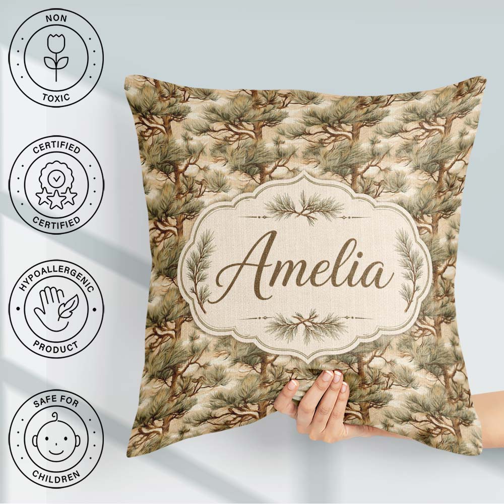 Custom Name Elegant Bonsai Pine Tree Botanical Pattern Name Cute Square Filled Cushion Throw Pillow Sofa Bed Home Decor Zip Washable UK Made