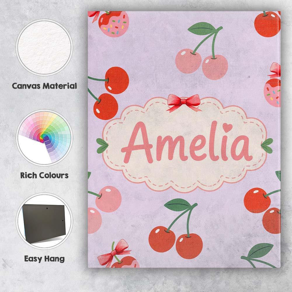 Personalised Name Cherry Fruit Muted Sage Background Minimal Seamless Custom Home Unique Canvas Wall Art Print Decor Picture Ready to Hang