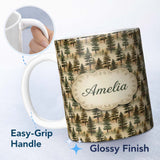 Personalized Custom Name Vintage Forest Pine Trees Landscape Seamless Pattern Name Cute 11oz Ceramic Coffee Tea Mug White Large Handle