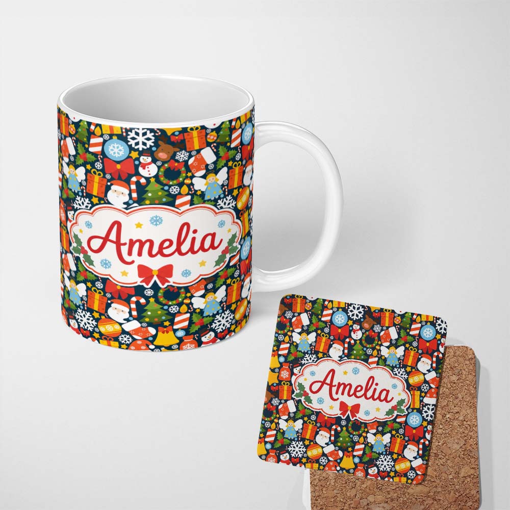 Personalized Custom Name Cute Christmas Tree Snowman Reindeer Gift Snowflake Seamless Pattern 11oz Ceramic Coffee Tea Mug White Large Handle