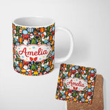 Personalized Custom Name Cute Christmas Tree Snowman Reindeer Gift Snowflake Seamless Pattern 11oz Ceramic Coffee Tea Mug White Large Handle