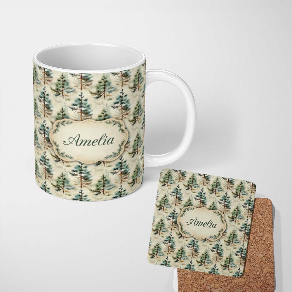 Personalized Custom Name Soft Watercolor Pine Tree Nature Seamless Pattern Name Cute Unique 11oz Ceramic Coffee Tea Mug White Large Handle