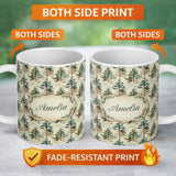 Personalized Custom Name Soft Watercolor Pine Tree Nature Seamless Pattern Name Cute Unique 11oz Ceramic Coffee Tea Mug White Large Handle
