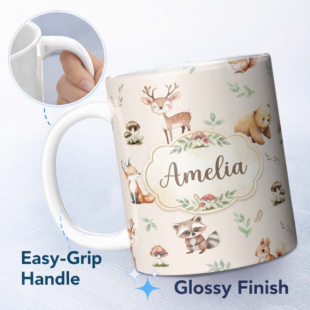 Personalized Custom Name Woodland Deer Bear Fox Owl Raccoon Leaves Mushrooms Neutral 11oz Ceramic Coffee Tea Mug White Large Handle