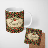 Personalized Custom Name Wild Strawberry Fruit Floral Dark Background Seamless Pattern Name 11oz Ceramic Coffee Tea Mug White Large Handle