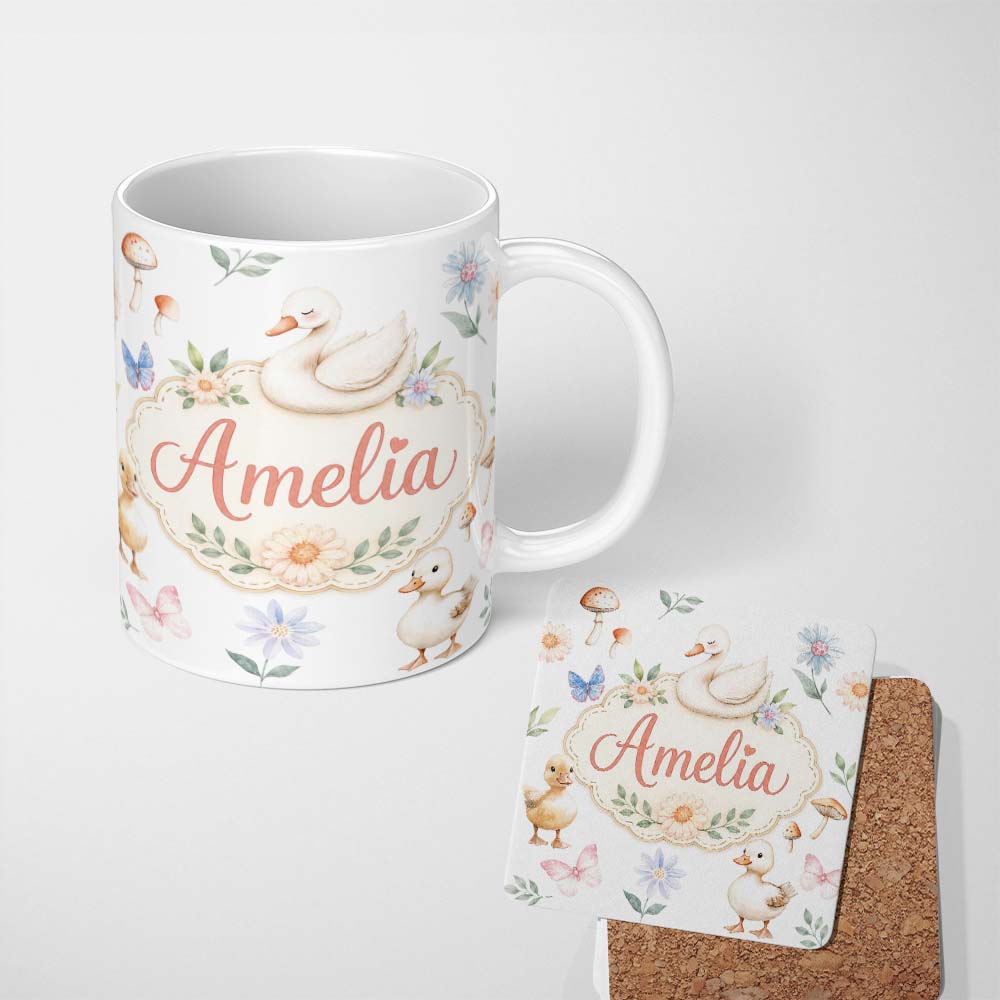 Personalized Custom Name Cute Swan Ducklings Mushrooms and Flowers on Light Background Lovely 11oz Ceramic Coffee Tea Mug White Large Handle