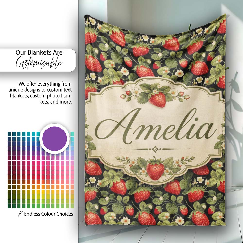 Wild Strawberry Fruit Floral Dark Background Seamless Pattern Name  Personalised Custom Name Super Soft Fleece Blanket Bed Sofa Throw