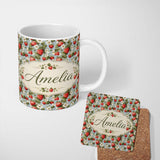 Personalized Custom Name Strawberry Blossom Garden Botanical Blue Background Seamless 11oz Ceramic Coffee Tea Mug White Large Handle