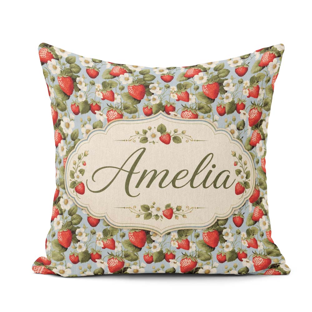 Custom Name Strawberry Garden Botanical Blue Background Seamless Square Filled Cushion Throw Pillow Sofa Bed Home Decor Zip Washable UK Made
