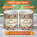 Personalized Custom Name Strawberry Blossom Garden Botanical Blue Background Seamless 11oz Ceramic Coffee Tea Mug White Large Handle