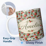 Personalized Custom Name Strawberry Blossom Garden Botanical Blue Background Seamless 11oz Ceramic Coffee Tea Mug White Large Handle