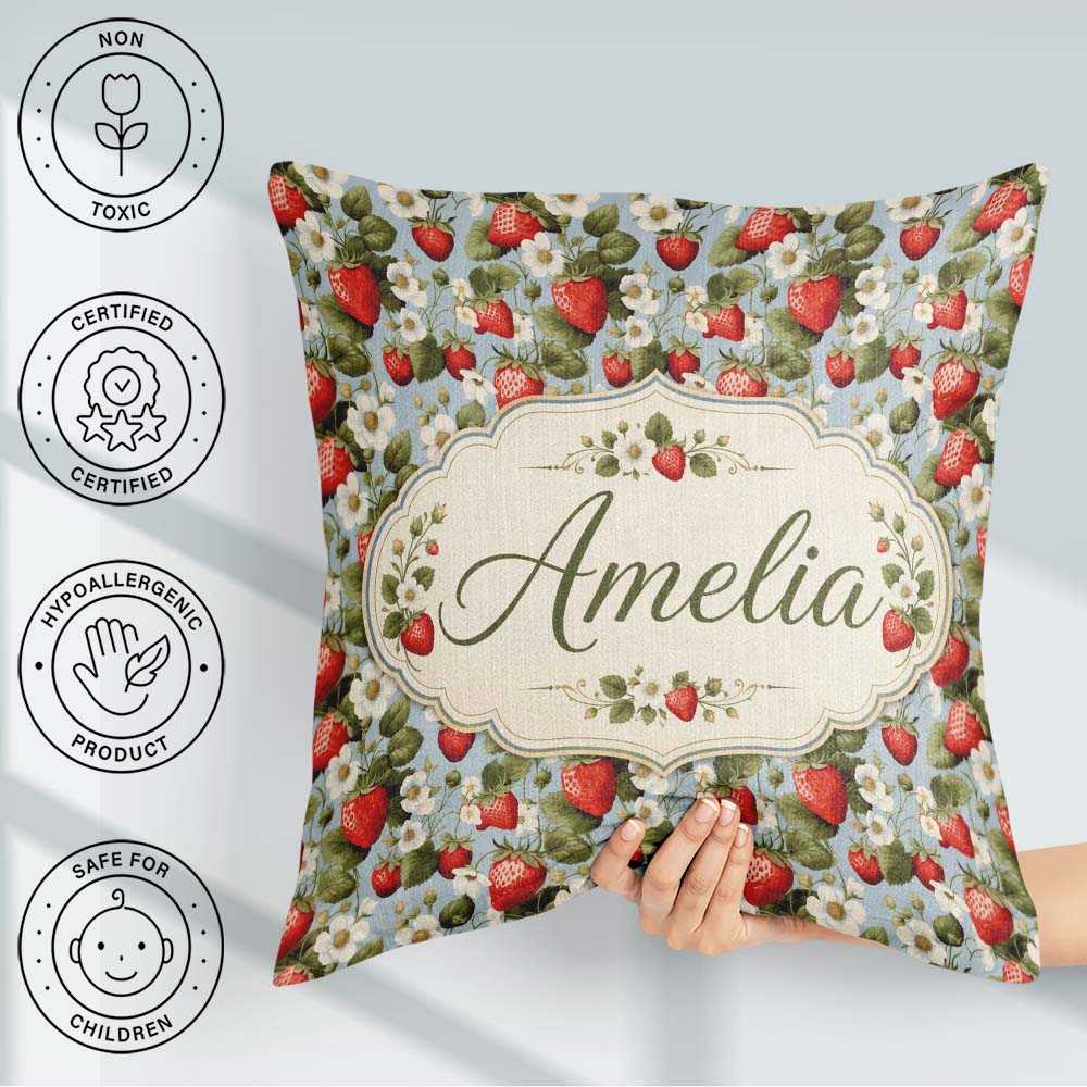 Custom Name Strawberry Garden Botanical Blue Background Seamless Square Filled Cushion Throw Pillow Sofa Bed Home Decor Zip Washable UK Made