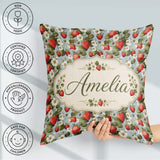 Custom Name Strawberry Garden Botanical Blue Background Seamless Square Filled Cushion Throw Pillow Sofa Bed Home Decor Zip Washable UK Made