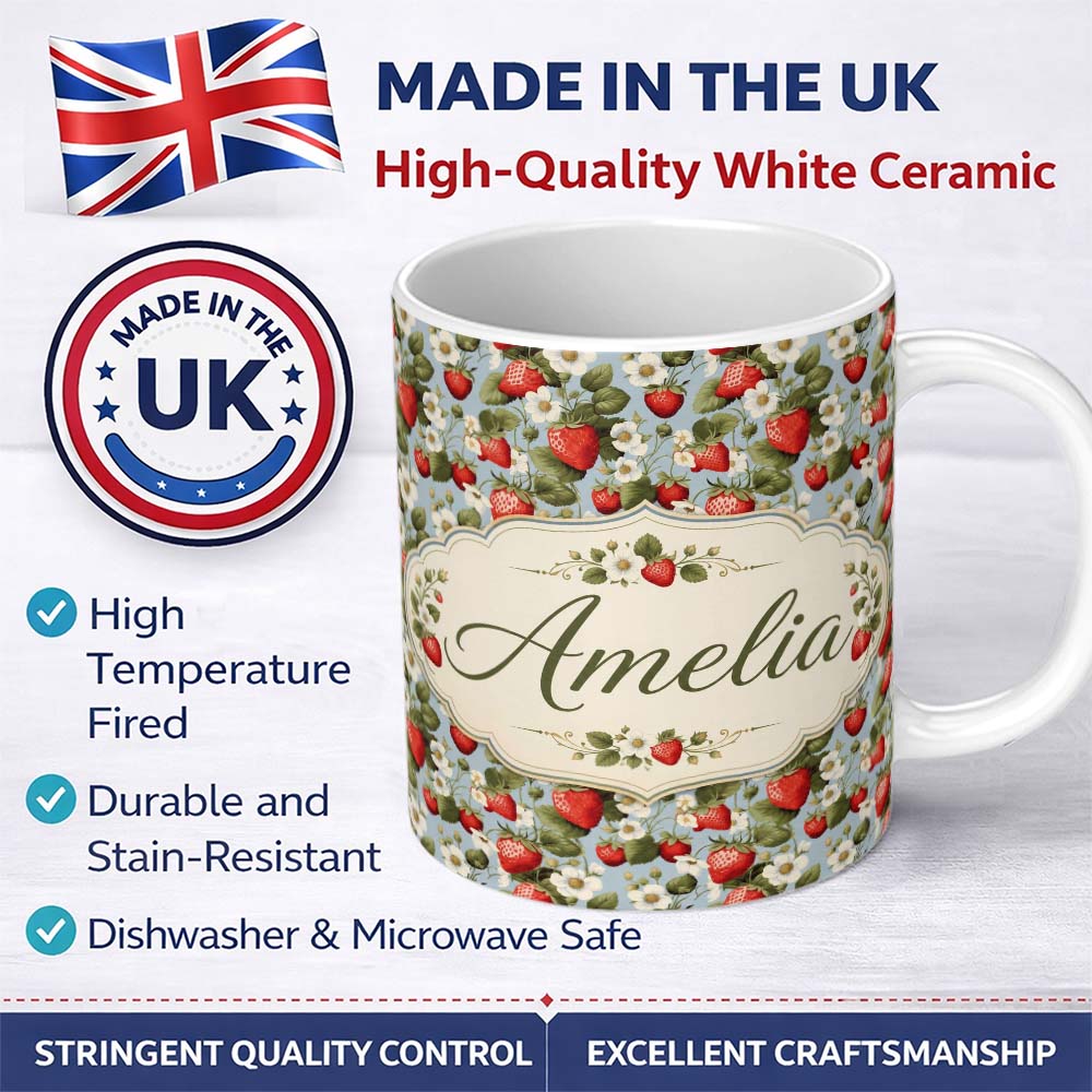 Personalized Custom Name Strawberry Blossom Garden Botanical Blue Background Seamless 11oz Ceramic Coffee Tea Mug White Large Handle