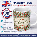 Personalized Custom Name Strawberry Blossom Garden Botanical Blue Background Seamless 11oz Ceramic Coffee Tea Mug White Large Handle