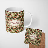 Personalized Custom Name Classic Strawberry Vine Floral Vintage Seamless Pattern Name Cute 11oz Ceramic Coffee Tea Mug White Large Handle