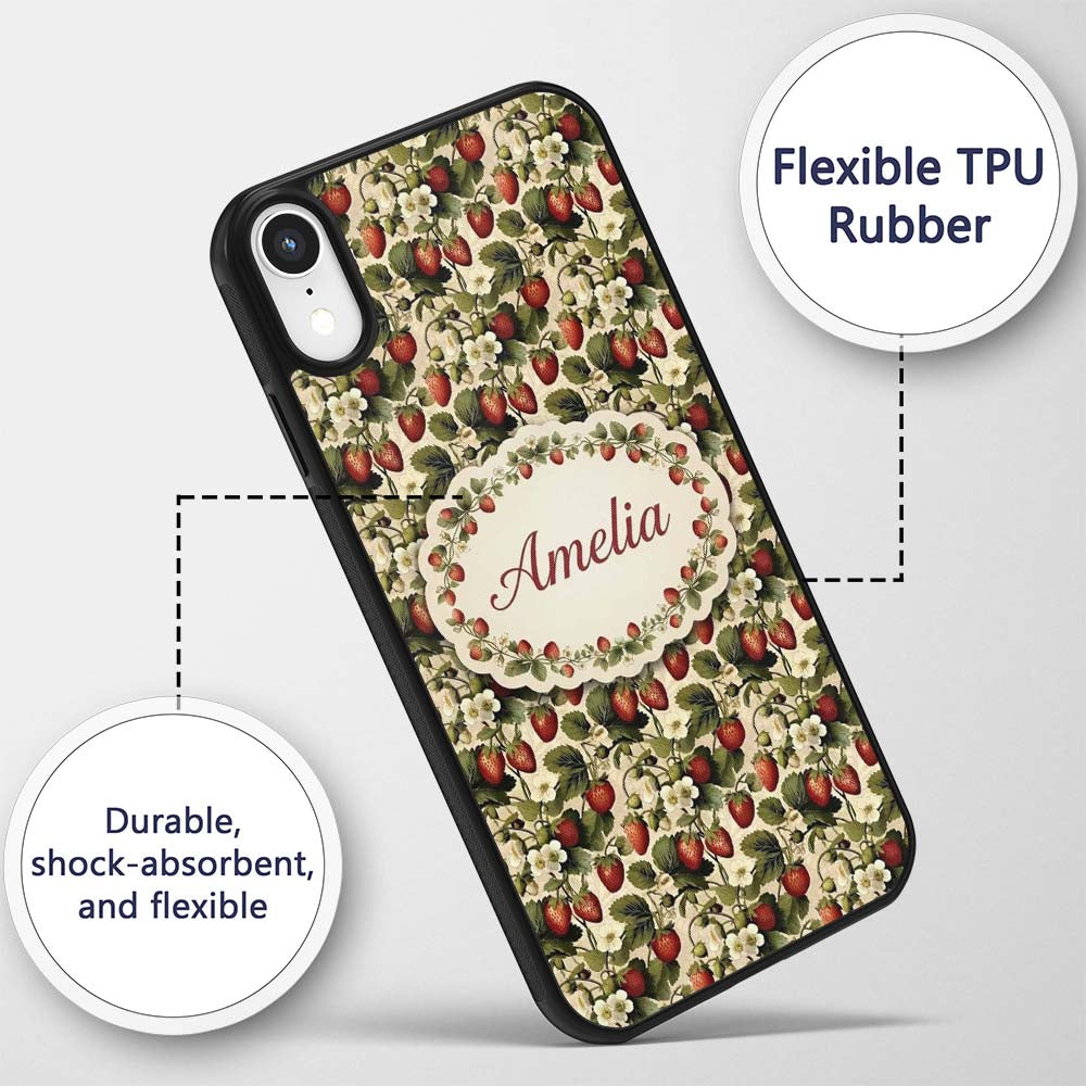 Classic Strawberry Vine Floral Vintage Seamless Custom Name Protective Phone Case Mobile Cover Durable Everyday Smartphone Shock Resistant