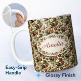 Personalized Custom Name Classic Strawberry Vine Floral Vintage Seamless Pattern Name Cute 11oz Ceramic Coffee Tea Mug White Large Handle